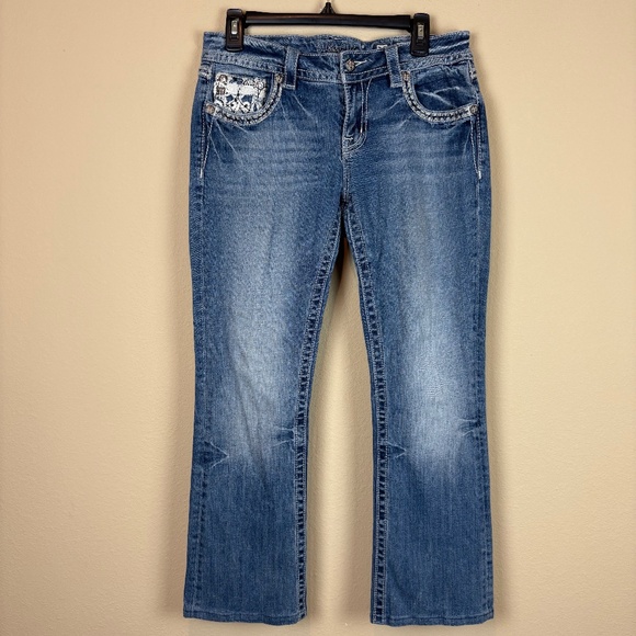 Miss Me Signature Denim Bootcut Jeans with Embroidery/Rhinestone/Cross Accents - Picture 1 of 16
